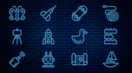 Set line Toy boat, building block bricks, Skateboard, Rocket ship toy, Wood easel, Butterfly, Rubber duck and Dart arrow icon. Vector
