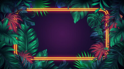 Fototapeta na wymiar Neon frame template among tropical jungle foliage