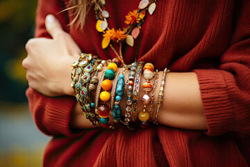 Close-up of a person wearing a cozy sweater and showcasing a stack of fall-themed bracelets