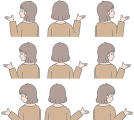 ご案内のポーズ　若い女性（後ろ向き、私服）