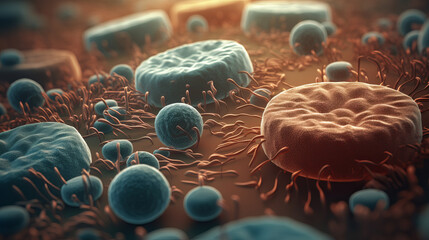 Microscopic virus cells and bacteria 3d