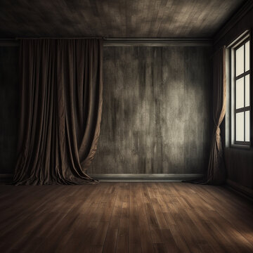 Old dark empty room with empty wall mock up and twisted curtains