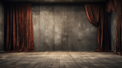 Old dark empty room with empty wall mock up and twisted curtains - obrazy, fototapety, plakaty