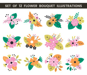Fototapeta na wymiar Set of 12 flower bouquet illustrations. Colorful flat vector illustration with floral theme.