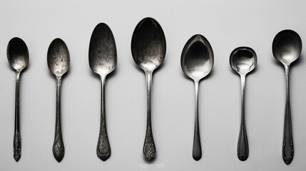 old silver spoon with different light isolated on white background with clipping path included,...