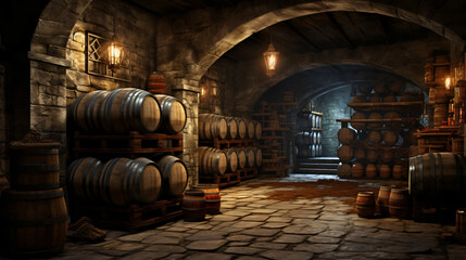 Naklejka na ściany i meble An old wine cellar with barrels in it