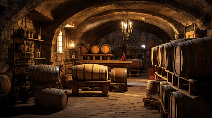 Fototapeta na wymiar An old wine cellar with barrels in it