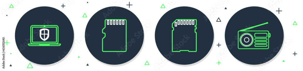 Poster set line micro sd memory card, server with shield and radio icon. vector