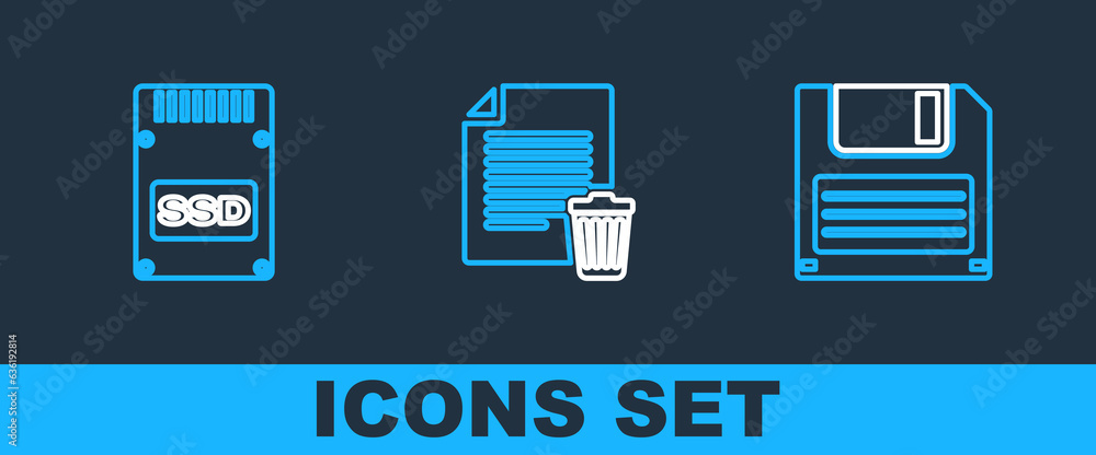 Poster set line floppy disk, ssd card and delete file document icon. vector