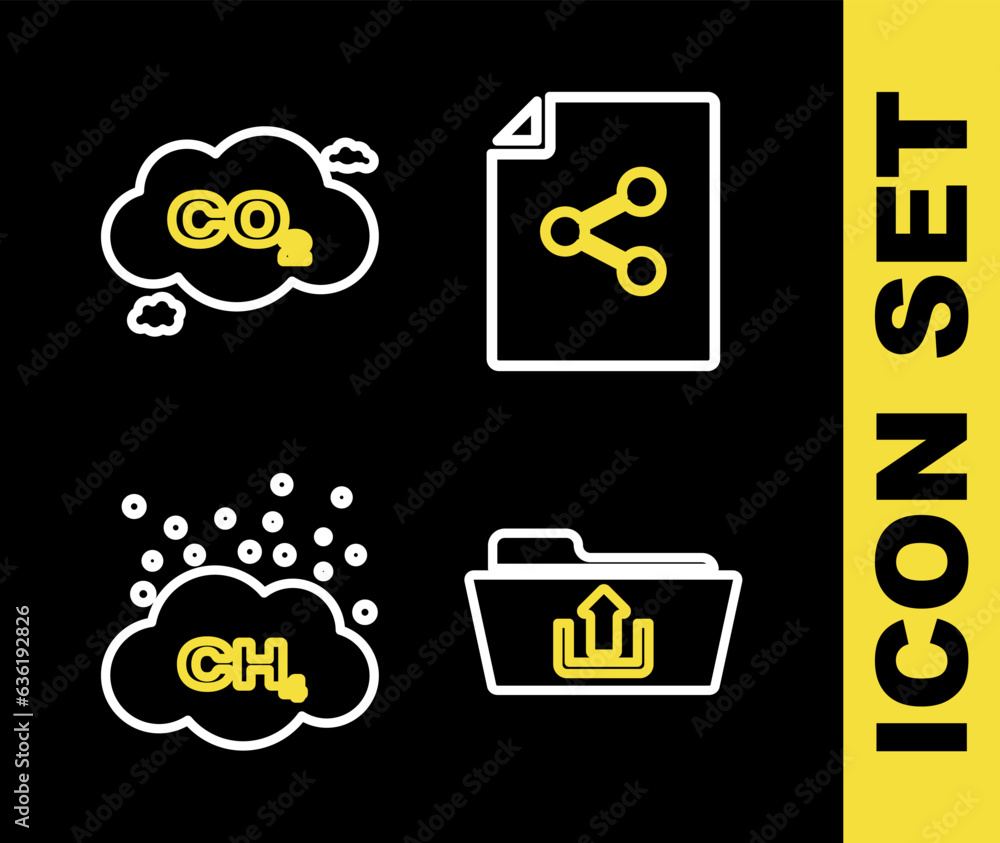 Aufkleber set line share file, folder upload, methane emissions reduction and co2 in cloud icon. vector