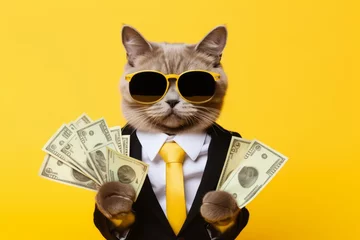Fototapeten Cool rich successful hipster cat with sunglasses and cash money. Yellow background © Denis