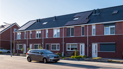 Dutch Suburban area with modern family houses, newly build modern houses in a row