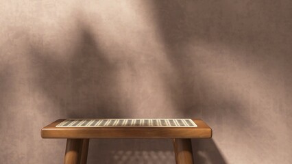 Square wooden podium table with rattan top in dappled sunlight, leaf shadow on blank stucco texture...