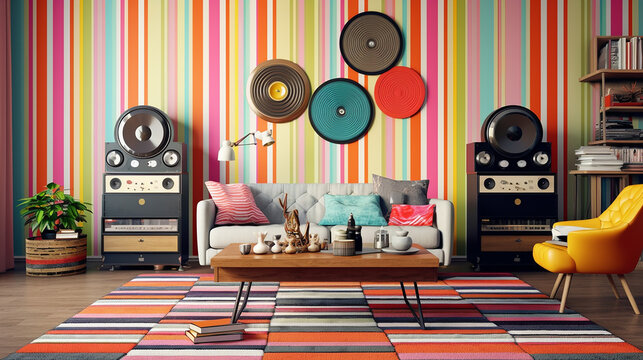 Retro style living room with hi-fi audio turntable. Colorful patterns and furniture