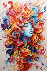 Vibrant woman's face painted in colorful paint on white background.