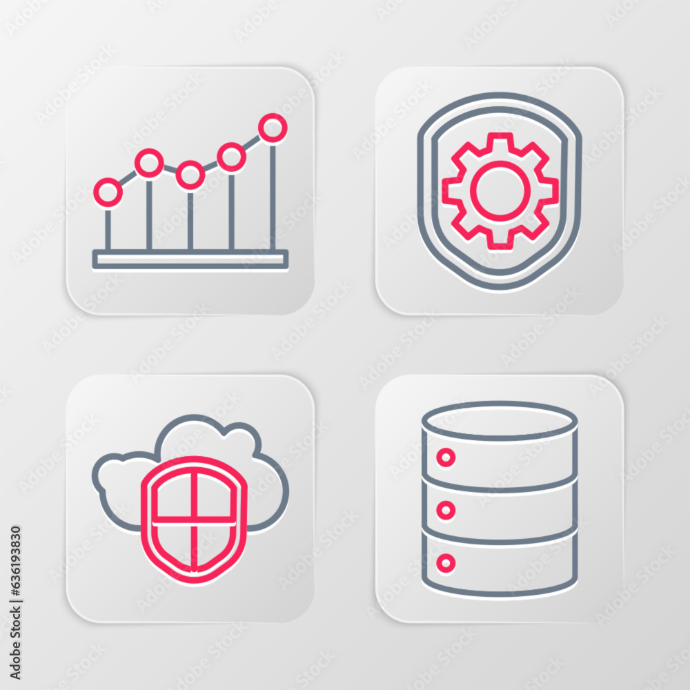 Poster set line server, data, web hosting, cloud and shield, shield with settings gear and pie chart infogr