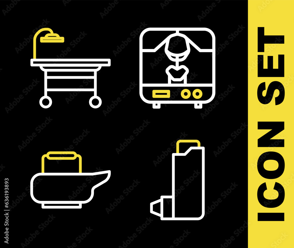 Poster set line x-ray machine, inhaler, bedpan and operating table icon. vector
