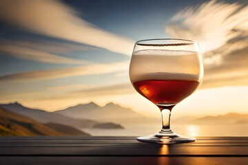 glass of red wine on sunset background