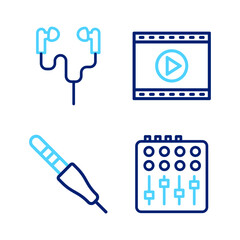 Set line Sound mixer controller, Audio jack, Online play video and Air headphones icon. Vector