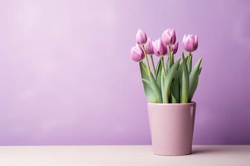  Tulip flowers in a clay pot, minimalism, pastel background, copy space - Powered by Adobe