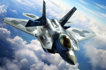 Military F 22 fighter jet flying - obrazy, fototapety, plakaty