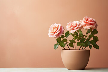 Roses flowers in a clay pot, minimalism, pastel background, copy space