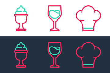 Set line Chef hat, Ice cream in bowl and Wine glass icon. Vector