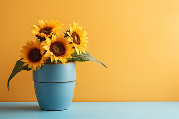 Sunflower flowers in a clay pot, minimalism, pastel background, copy space - Powered by Adobe