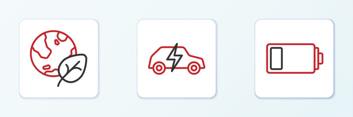 Set line Battery, Earth globe and leaf and Electric car icon. Vector