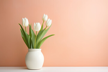  Tulip flowers in a clay pot, minimalism, pastel background, copy space - obrazy, fototapety, plakaty