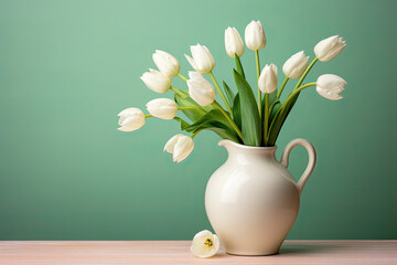  Tulip flowers in a clay pot, minimalism, pastel background, copy space