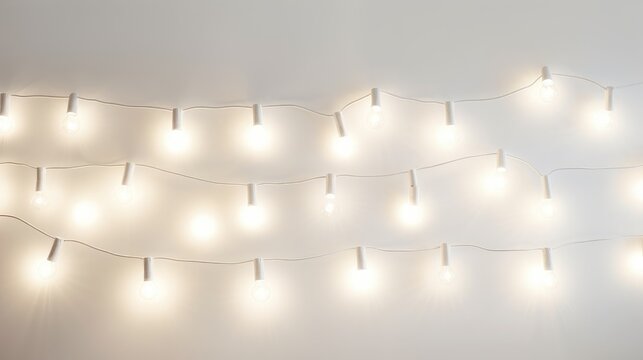 Warm light garlands on white background, festive decorations created with Generative AI technology