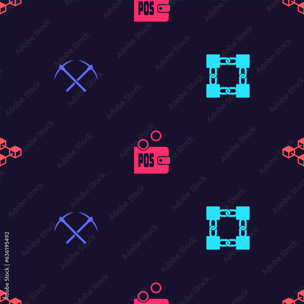 Poster set blockchain technology, crossed pickaxe, proof of stake and on seamless pattern. vector