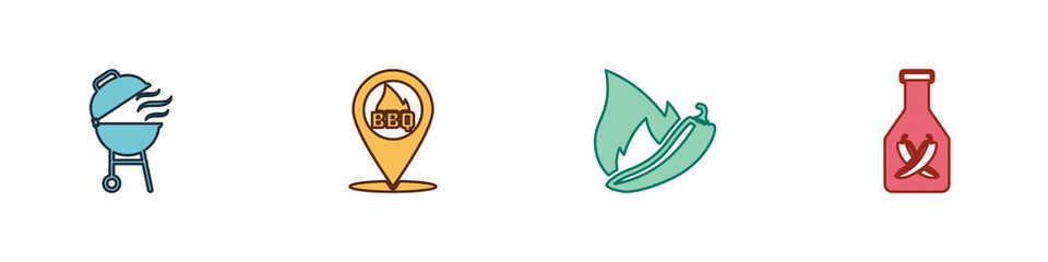 Set Barbecue grill, Location with barbecue, Hot chili pepper pod and Ketchup bottle icon. Vector