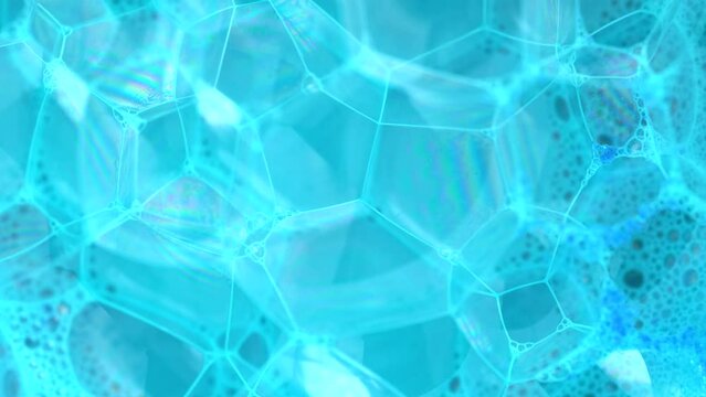 Magic wallpaper, soap sud macro structure. Blue foam soap with bubbles, rotates abstract background. Colorful soap foam with popping bubbles background. Abstract macro molecule pattern.