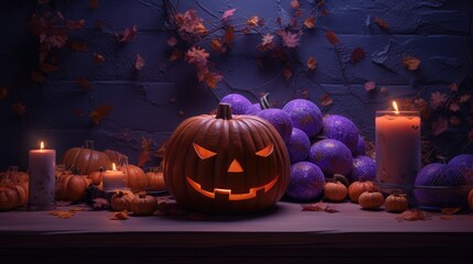 Pumpkin orange glows angry face. Pumpkin glows in the night for Halloween. generative ai