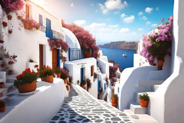 Santorini, Greece. Picturesq view of traditional cycladic Santorini houses on small street with flowers in foreground. Location: Oia village, Santorini, Greece. Vacations background.   3d rendering