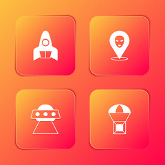 Set Rocket ship, Alien, UFO flying spaceship and Box on parachute icon. Vector