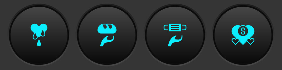 Set Blood donation, Donation food, Medical protective mask and and charity icon. Vector