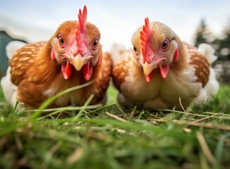Fototapeta premium two chicken on green field near grass