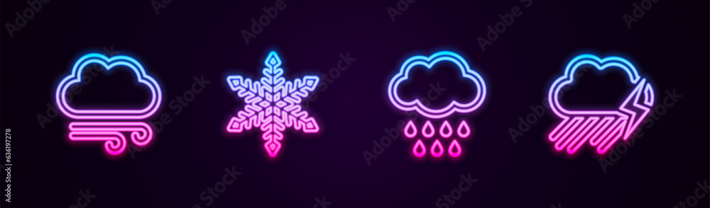 Wall mural set line windy weather, snowflake, cloud with rain and and lightning. glowing neon icon. vector