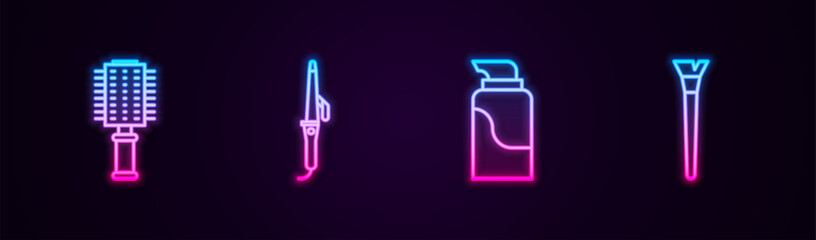 Set line Hairbrush, Curling iron, Cream cosmetic tube and Makeup. Glowing neon icon. Vector