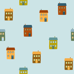 Seamless simple pattern with two-story cartoon houses on a light gray background

