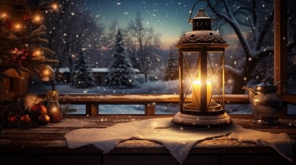Christmas lamp with a fire in the snow against the background of a December night, free space created with Generative AI technology