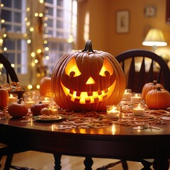 Fototapeta premium Pumpkin orange glows angry face. Pumpkin glows in the night for Halloween. generative ai