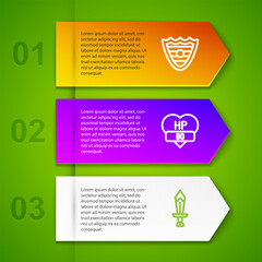 Set line Shield, Video game bar and Sword for. Business infographic template. Vector