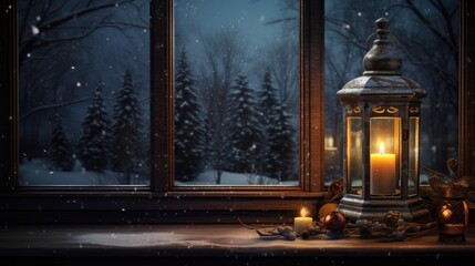 Christmas lamp and decor on the windowsill in winter mood created with Generative AI technology