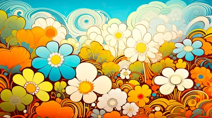 Foto op Canvas Colorful 70s Retro Style poster art with flowers, and psychedelic wavy shapes, colors in orange, pale blue, yellow and greens. Background texture or wall art. © henjon