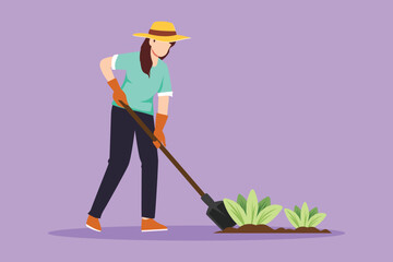 Character flat drawing young beautiful woman digs up the ground with a shovel. Planting, growing vegetables. The care of green garden. Agriculture, farming concept. Cartoon design vector illustration