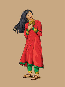 woman in red dress, green pants clip art preview